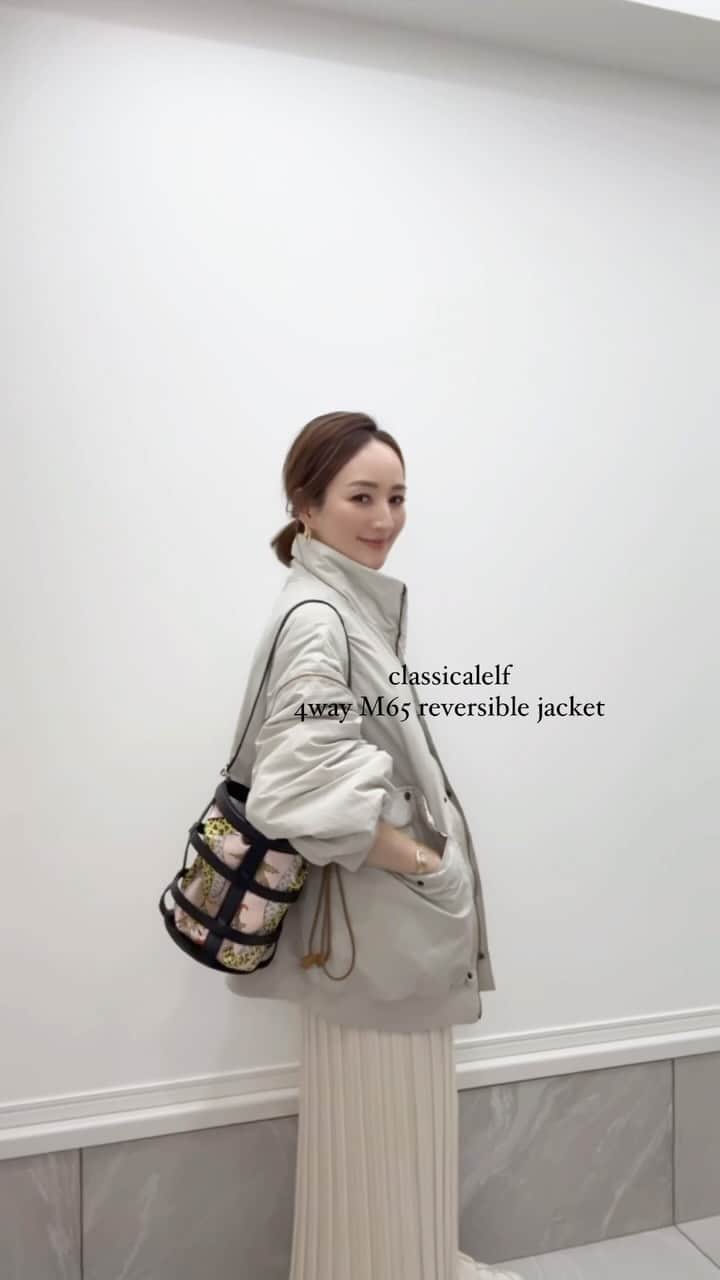 星玲奈のインスタグラム：「このジャケット。 なんと4way😍 裏表、袖の有り無し。 全部雰囲気を変えて着られる優れもの😍 トレンドのM65型ブルゾン、中綿入りで防寒もしっかり👏🏻  jacket @classicalelf_official （アイボリーMサイズ着用） T #ebure skirt #greedtokyo shoes #goldengoose bag #hermes  #クラシカルエルフ #classicalelf #エルフコーデ #java #ジャバ #ユニクロ #ザラ #zozo #zozotown #zozo購入品 #zozotown購入品 #ブルゾン #リバーシブル #スポーツカジュアル #大人コーデ #大人カジュアル #プチプラ #プチプラコーデ #着回しコーデ」