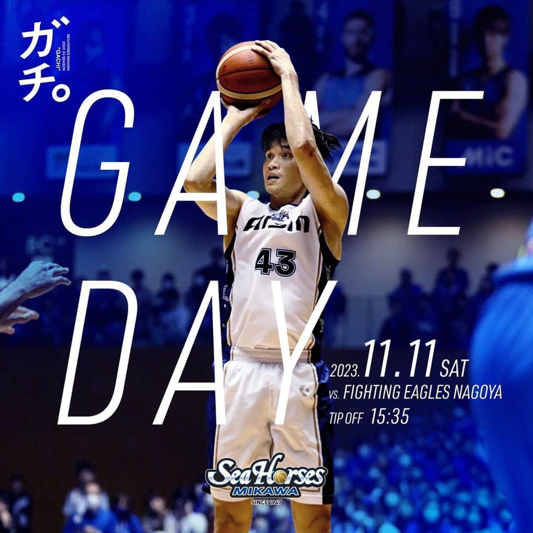 のインスタグラム：「GAME DAY🌊 🆚 ファイティングイーグルス名古屋🦅 🕞15:35 TIP-OFF🏀  同地区で勝率が並ぶFE名古屋との愛知ダービー⚔️バイウィーク前の2連戦🔥皆さまの熱いご青援よろしくお願いします‼️  📡バスケットLIVE(11月まで無料で見放題) https://basketball.mb.softbank.jp/lives/501451?utm_source=club&utm_medium=SM&utm_campaign=club_SM_006  #ガチ  #シーホース三河  #Bリーグ #シーホース #seahorsesmikawa #BLEAGUE #バスケットボール #バスケ #basketball #三河」