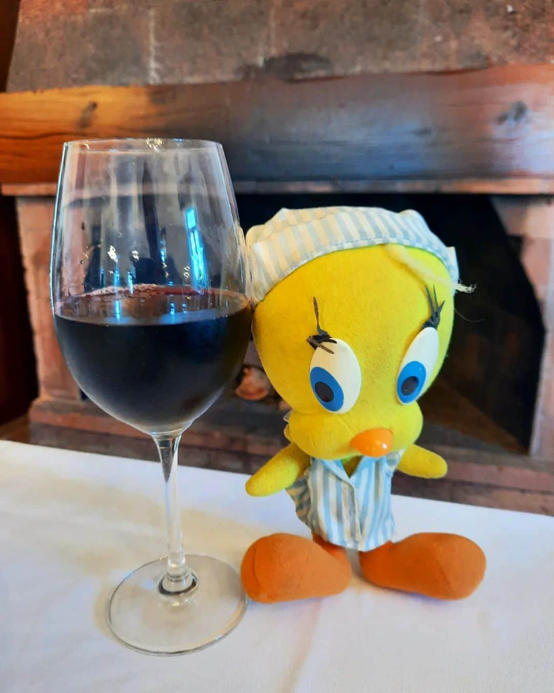 Little Yellow Birdのインスタグラム：「It's still grey and wet, but my friends, its also Friday!! Let's light a fire and have a nice glass of red wine! Cheers to the weekend! #littleyellowbird #tweety #tweetykweelapis #ad#yellow #bird #friday #weekend #november #happyhour #drinks #wine #cheers #proost #fire #cold #rainy #stuffedanimalsofinstagram #plushiesofinstagram」