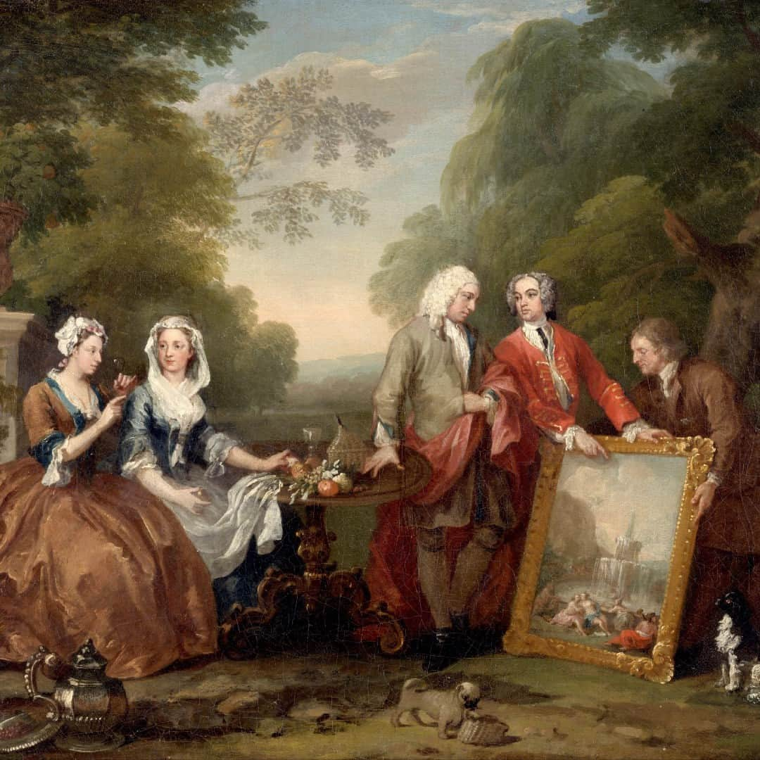 フィラデルフィア美術館のインスタグラム：「The original candid group shot 📸   A conversation piece is a group portrait showcasing family members or friends engaged in conversation or social activities. They became popular in 18th-century England, largely due to the influence of William Hogarth, an English painter who was born on this day in 1697.   🔎 See this work in Gallery 379, European Art 1500-1850.   "Conversation Piece (Portrait of Sir Andrew Fountaine with Other Men and Women), detail," 1730-1735, William Hogarth   #conservationpiece #Hogarth #portrait #painting #philamuseum」