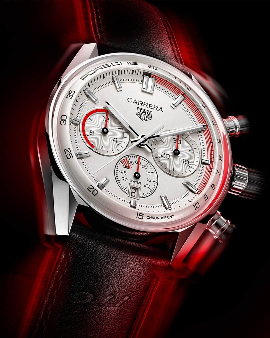 タグ・ホイヤーのインスタグラム：「A true symbol of passion and expertise.⁣ ⁣ Crafted with sleekness, assertiveness, and remarkable memorability, the TAG Heuer Carrera Chronosprint x @Porsche embodies the perfect blend of history and innovation. Infused with subtle red details inspired by the iconic 1970s Porsche dashboard, it's a true testament to timeless design and automotive elegance.⁣ ⁣ #TAGHeuer #TAGHeuerCarrera⁣」