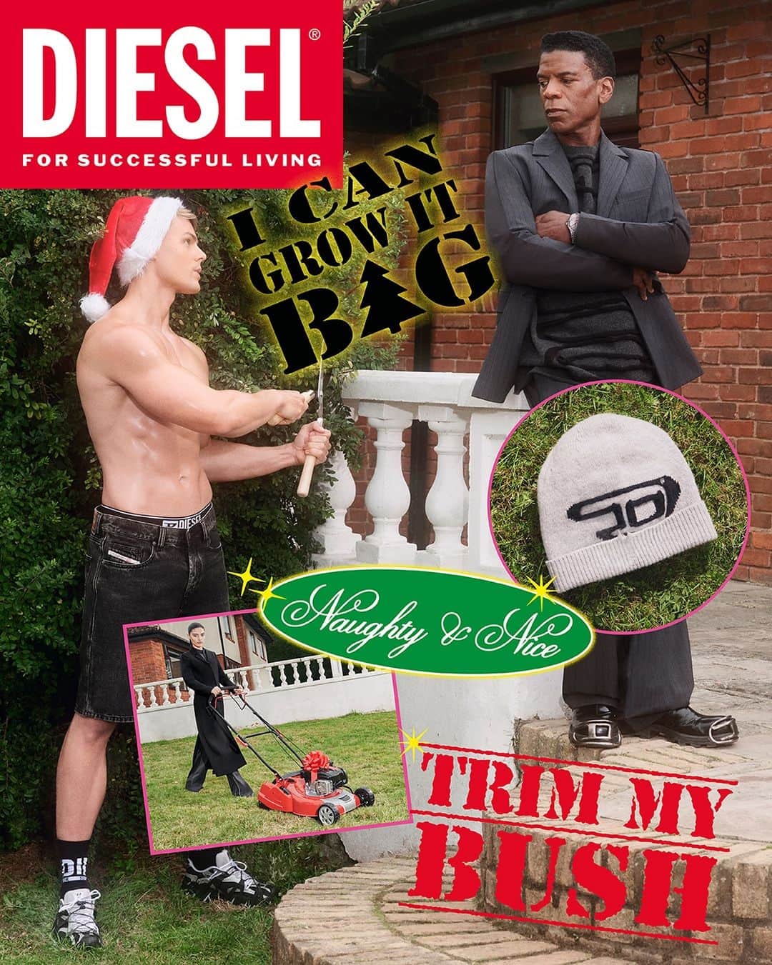 ディーゼルのインスタグラム：「Trim your tree…   And your bush, too. In the spirit of giving and receiving this holiday season, Diesel is doubling down on double entendres with its XXXmas campaign.    Frisky, festive and infused with humor and irreverence — not to mention gift ideas — the campaign stars real models from the adult entertainment industry across a broad swath of ages, genders and races. ‘Tis the season of generosity, openness and acceptance.   Creative Director: @glennmartens Art Director: Christopher Simmonds Photographer: @retoschmidd Styling: @ursinagysi   Discover more at the link in bio.  #ForSuccessfulLiving」