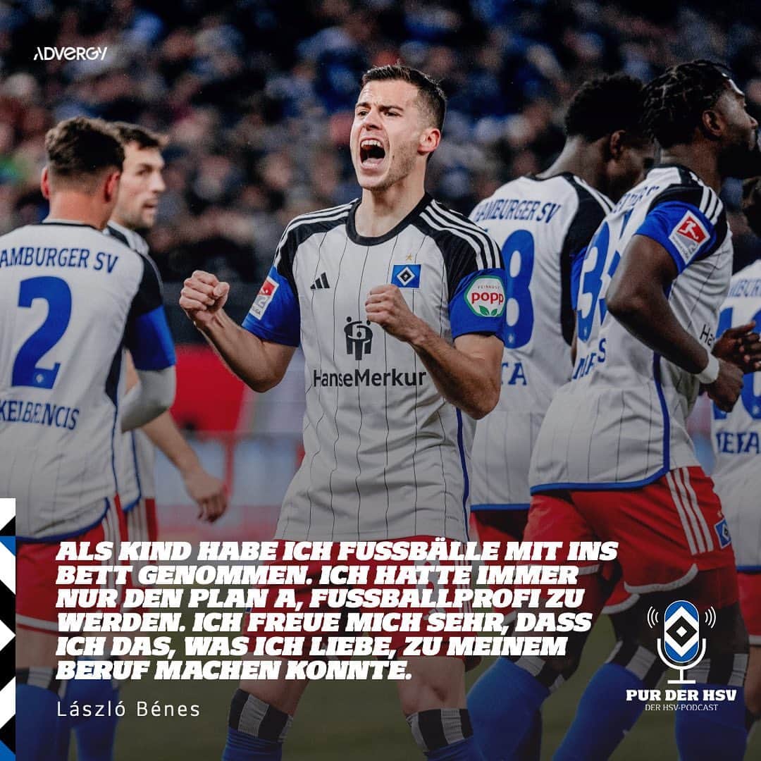 ハンブルガーSVのインスタグラム：「In der neuesten Podcast-Folge "PUR DER HSV" erfahrt ihr unter anderem viele besondere Einblicke über die fußballerischen Anfänge von @beneslacus22, also reinhören lohnt sich auf jeden Fall!🎙️  Den Link zum Podcast findet ihr in der Story. 🎧📲  #nurderHSV」