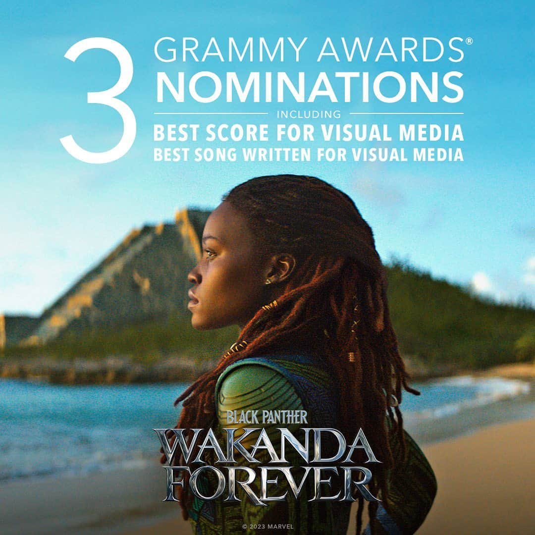 Marvel Entertainmentのインスタグラム：「Congratulations to Black Panther: #WakandaForever for their 3 Grammy nominations! #GRAMMYs」