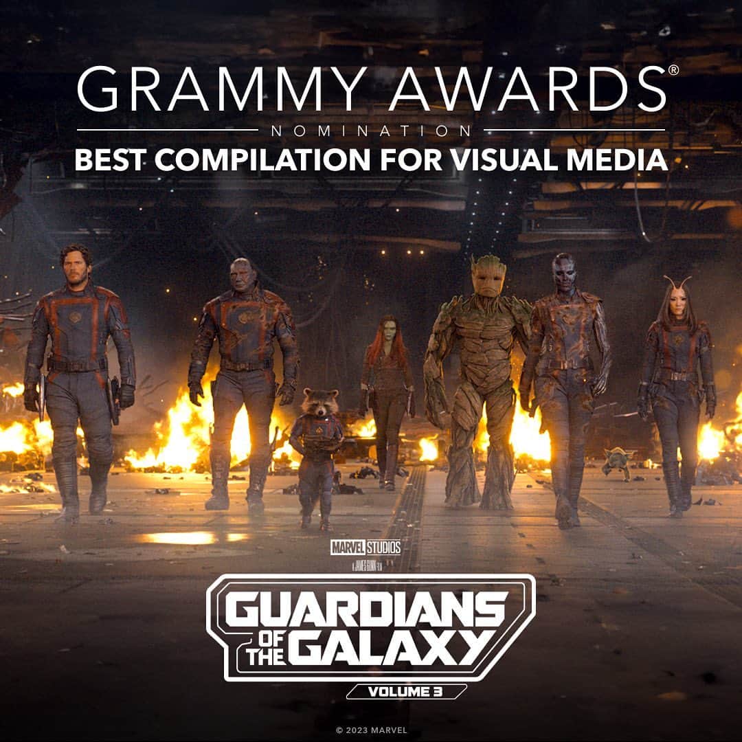 Marvel Entertainmentのインスタグラム：「Congratulations to Guardians of the Galaxy Vol. 3 for their Grammy nomination for Best Compilation Soundtrack for Visual Media! #GRAMMYs」