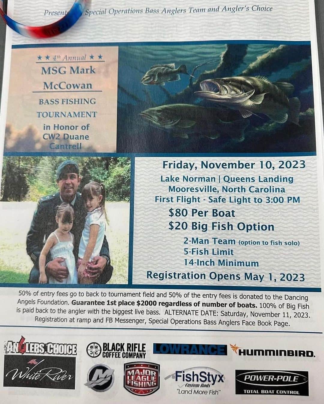 Brent Ehrlerのインスタグラム：「Unfortunately I’ll be missing the 4th annual Mark McCowan Special Ops Bass Anglers event today. Mark was an exceptional person. Such a great event backed by some truly amazing people. 🙏🙏 Wish I could be there fellas. I did not have the privilege of knowing Duane Cantrell in which this event is honoring. But if it’s backed by my fellas…I know he was someone to remember.  @dancing_angels_foundation」