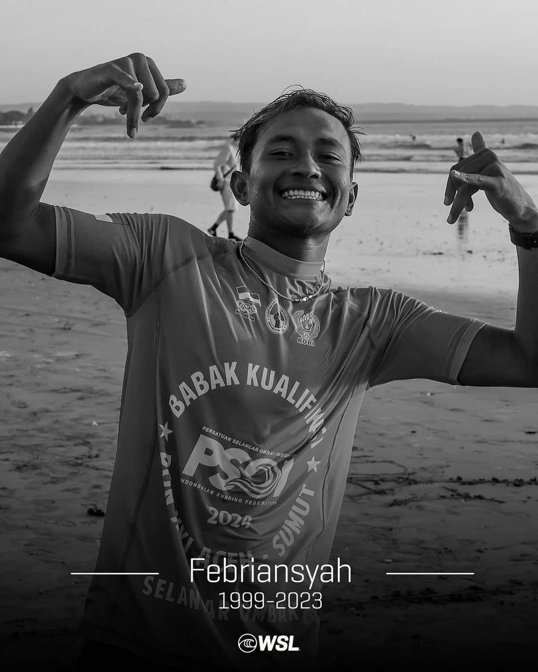 世界プロサーフィン連盟（WSL）のインスタグラム：「The surfing community gathers in mourning the loss of Febriansyah, who tragically passed away yesterday. We send our thoughts, prayers, and love.  In memory of Febriansyah, the WSL will be holding a paddle out and a moment of silence this morning at the Taiwan Open event site to honor his legacy.」