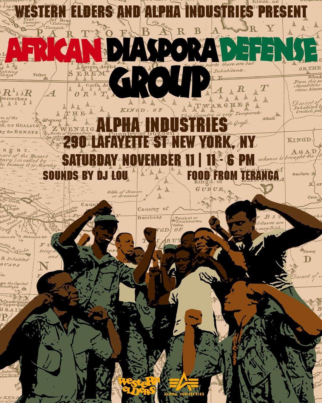 のインスタグラム：「Western Elders and @alphaindustries present African Diaspora Defense Group  Our African Diaspora Defense MA-1 Bomber and M-65 Field Coat will be releasing tomorrow exclusively at the Alpha Industries Flagship store at 290 Lafayette street from 11-6pm  See y’all tomorrow ✊🏾❤️🖤💚」