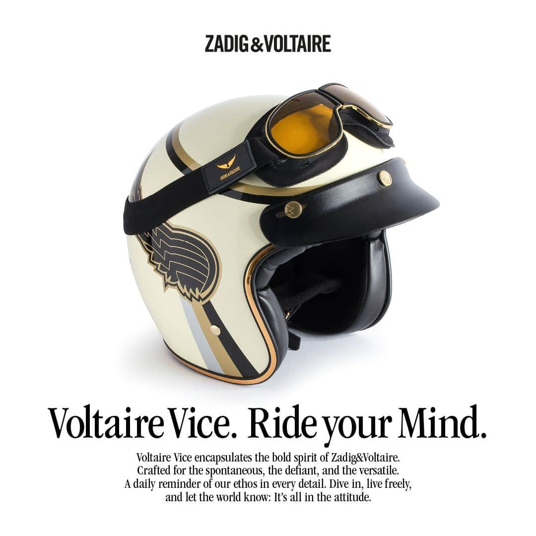 ザディグ エ ヴォルテールのインスタグラム：「Voltaire Vice⁣ ⁣ Encapsulating the bold spirit.⁣ ⁣ This helmet was created in partnership with the French brand @markohelmets, renowned for its vintage style.⁣ ⁣ #zadigetvoltaire #zadigvoltaire」