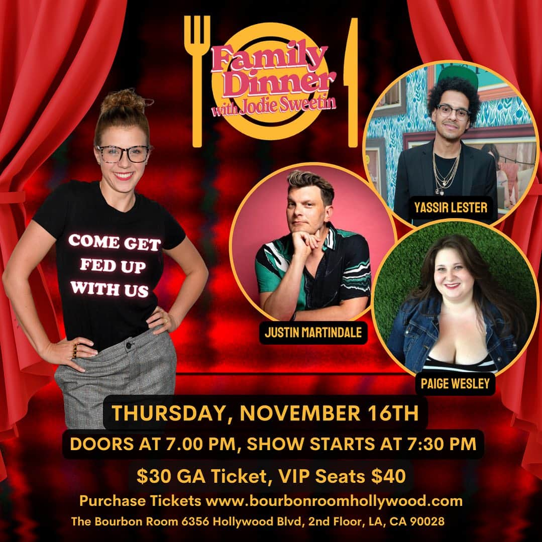 ジョディ・スウィーティンのインスタグラム：「Tonight’s the Night! Thursday Nov 16 at 7:30PM   You are cordially invited to:   Family Dinner, the dinner party comedy show hosted by Jodie Sweetin (Full House/Fuller House, DWTS)!  Every month Jodie leads a conversation based on a topical theme with a panel of comedians while they play games, exchange personal stories, and share a "delicious meal." The show runs more like a podcast, with conversation happening between everyone on stage while the audience acts as the “kids table.” Every month, this completely interactive show completely sells out so come get fed up with us while you still can!  Tickets are available NOW at the link in bio, as always!」