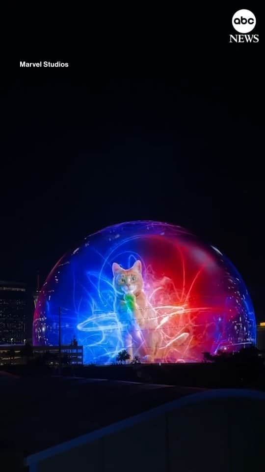 ABC Newsのインスタグラム：「The sphere has done it again! Captain Marvel’s cat 'Goose,' the alien Flerken, was on full display outside MGM’s new immersive entertainment venue in Las Vegas for the premiere of ‘The Marvels’ this week.」