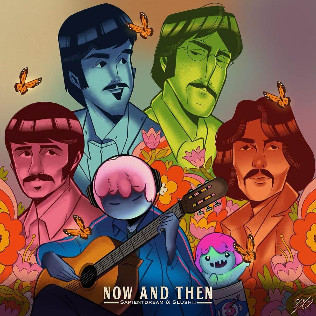 スラッシーのインスタグラム：「sapientdream x Slushii - Now & Then (Cover) is now live on YouTube 🩵  Link in bio!  #slushii #sapientdream #thebeatles」