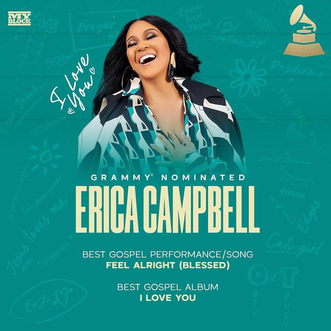 エリカ・キャンベルのインスタグラム：「I’m excited and honored to be nominated for two Grammy awards. If you know how special this album is to me, you know how much this means. Thank you, thank you, thank you @recordingacademy ! #ECILoveYou #ericacampbell #grammynominated ❤️」