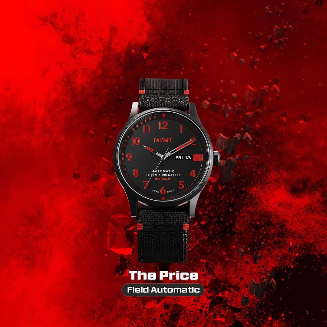 のインスタグラム：「Limited edition MVMT x @callofduty: Modern Warfare III The Price watch takes its namesake from the game’s rugged and intrepid protagonist Captain John Price. This automatic watch fittingly features tactical, adventure-ready elements like 10 ATM water resistance (Waterproof Guarantee), a ballistic nylon strap, and a classic military-style field dial—a design that would look right at home on Captain Price’s wrist. Featuring the new campaign’s official Red color theme and subtle nods to the game’s legendary lore: a Task Force 141 backplate, a “III” logo at the 3-hour mark, and a hidden “Stay Frosty” type treatment on the strap. Only 500 made.」