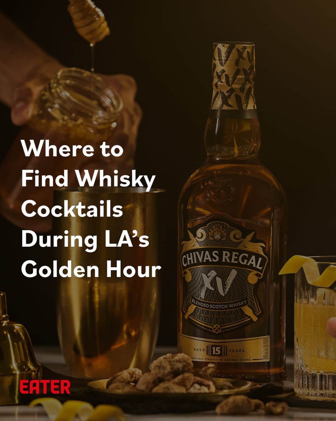 Eater LAのインスタグラム：「When it comes to Golden Hour, that window before the sun sets and the sky turns a golden hue, only a few bars and restaurants across the city are pouring specialty cocktails to savor the moment.   The Chivas Gold Rush, made with Chivas XV 15-year-old whisky, lemon juice, and honey, is a drink that evokes the feeling of Golden Hour. Take a sip, unplug from the day’s hustle, and connect with the people in front of you.   Regardless of the time of day, these bars and restaurants are serving the Gold Rush cocktail, or their own take on it. Tap the link in bio to see where in LA you can be transported to that blissful state of mind. @chivasregalusa #ad」