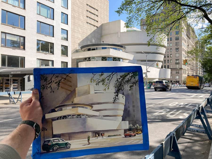 グッゲンハイム美術館のインスタグラム：「"This view, which I painted from across the street and in the late afternoon light, is one of my favorites. As an architecture student and painter, observing this elegant building "live" under these conditions was a real treat. Thank you, Frank Lloyd Wright for giving me this opportunity!" —Today's #FrankLloydWrightFridays artist, Philip Spence (@spencewatercolors).」