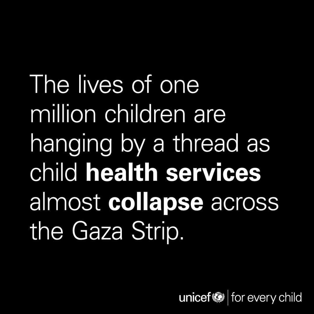 unicefのインスタグラム：「The near total breakdown and attacks on medical and healthcare services across Gaza, in particular the northern areas, threatens the lives of every child in the Strip.  Full text is available via the link in our bio.」