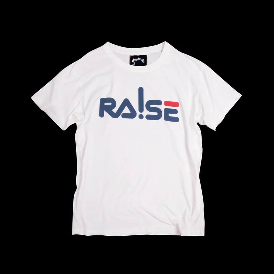 パサレラデススクアッドのインスタグラム：「'RA!SE' Promotional T-Shirt. Printed onto a vintage Passarella shirt, made in England with Japanese fabric.  RA!SE was started by Passarella as a way to help raise awareness on human rights issues from around the world. 100% of all profits from sales are donated to a charity supporting the cause detailed in the publication.  Issue 5 of RA!SE 'Inside Iran, The Mahsa Amini Protests' is out now, link in the bio. X  #publishing #press #print #art #artwork #london #multimedia #madeinengland #poster #printing #charity #humanrights #trusselltrust」