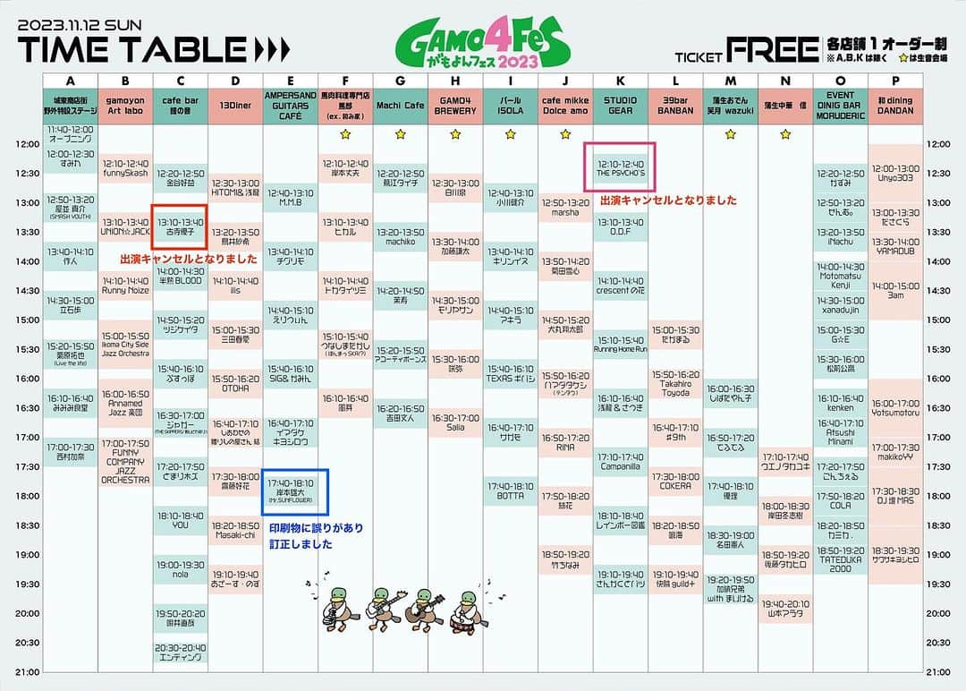 GAMO4 Fesのインスタグラム：「【タイムテーブル変更のお詫び】  STUDIO GEARにて12:10-12:40に 出演予定だったTHE PSYCHO’Sさんが インフルエンザ診断を受けたと連絡があり 出演キャンセルとなりました。  cafe bar 鐘の音にて13:10-13:40に 出演予定だった古寺優子さんが 体調不良の連絡があり 出演キャンセルとなりました。  ※その他のアーティストの ライブ時間は変わりません。  残念なご案内となり申し訳ございません。 心よりお詫び申し上げます。  ________________________  タイムテーブルに誤りが御座いました 大変申し訳ありません。  AMPERSANDGUITARS 岸本雄大 17:40-18:10  ________________________  ＼イベント詳細🚩／  11/12(sun) 第8回目 音×食xアートの街フェス 【GAMO4fes.2023】  ⏩発表ブログはこちら ameblo.jp/g4f-official/  全111組の出演アーティスト 46店舗&20ブースの 飲食店舗や販売＆体験ブース マルシェ出店などの情報が解禁🚩  🎨メインキービジュアル 繁田穂波 @shigeta_honami   🖌️ たっくんコドナの落書き @takkun_kodona (筆文字 描き下ろし)  イベントパンフレットは @spinit_coffee @kane_no_ne  にて2ヶ月前より配布開始🗒️  #がもよんフェス #gamo4fes  #gamo4fes2023 #今年で8年目 #がもよんフェス実行委員会 #蒲生四丁目 #がもよん #城東区 #音と食とアート #街フェス #まちフェス #街バル #バルイベント #マルシェ #食べ歩き #飲み歩き #ライブバー #ライブイベント #音楽イベント #音楽フェス #フェス  #サーキットイベント #野外ライブ #地域イベント #地域活性化 #地域創生 #まちづくり #まちおこし  #音楽好きな人と繋がりたい #ライブ好きな人と繋がりたい」