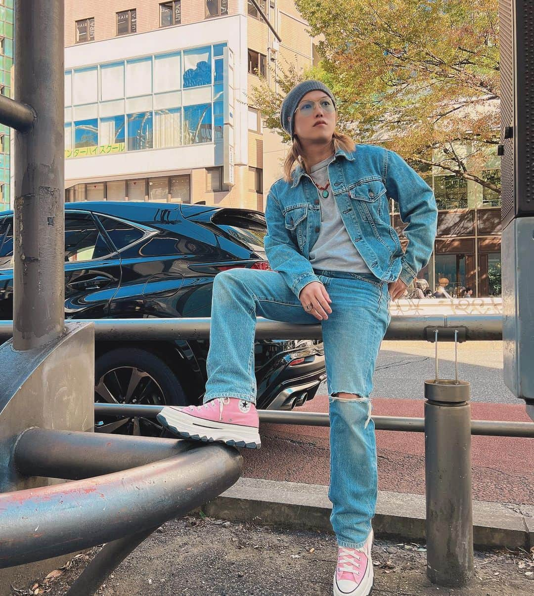 $oichiroのインスタグラム：「denim🧢  #coodinate #fashion #levis #denimondenim #denim #photography #pinkyshake #palmangels #🧢」