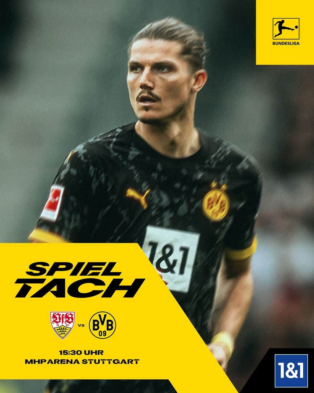 ボルシア・ドルトムントのインスタグラム：「⚠️ 𝐌𝐀𝐓𝐂𝐇𝐃𝐀𝐘 ⚠️  Auswärts geht’s ins nächste Bundesliga-Duell! 👊  🆚 @vfb  🕞 15:30 Uhr 📍 MHP Arena 🖥️ @skysportde  📲 #VFBBVB」