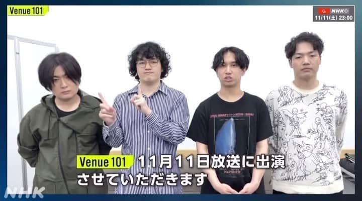 マカロニえんぴつのインスタグラム：「_  今夜、NHKの生放送音楽番組【Venue101】に出演します❣️📺🙈🎸🎙️✨  ⚫︎11/11(土) 23:00〜O.A  @nhk_venue101  『リンジュー・ラヴ』のスタジオLIVEや楽曲制作時のこだわりを紹介いただきます🙏💕  ▶︎ nhk.or.jp/music/venue101/  #venue101 #NHK #リンジューラヴ #マカロニえんぴつ」