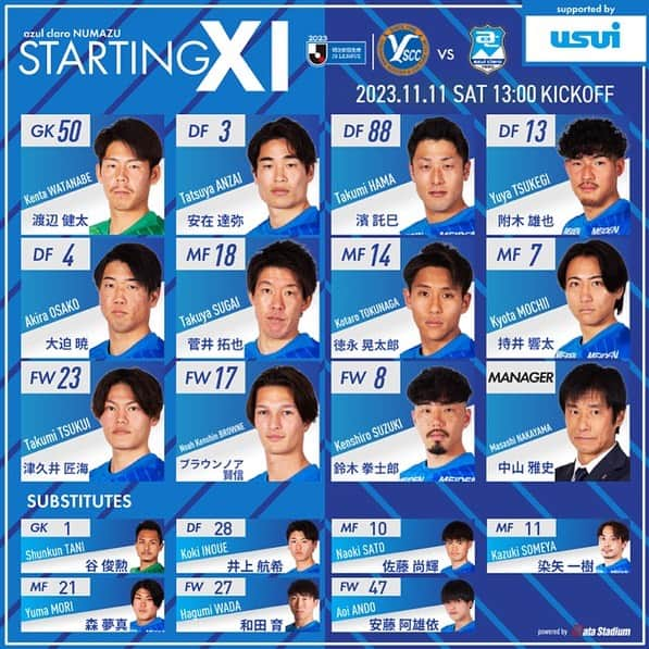 アスルクラロ沼津のインスタグラム：「🏆2023明治安田生命J3リーグ第35節 🆚#YSCC横浜 🗓 11/11 13:00キックオフ 🏟#ニッパツ三ツ沢球技場  🔥スタメン発表🔥  GK #渡辺健太 DF #安在達弥 #濱託巳 #附木雄也 #大迫暁 MF #菅井拓也 #徳永晃太郎 #持井響太 FW #津久井匠海 #ブラウンノア賢信 #鈴木拳士郎  #アスルクラロ沼津 #結束～熱く闘え～ #全力 #絶対勝つぞヌマヅ #我々は誰一人あきらめてはいない」