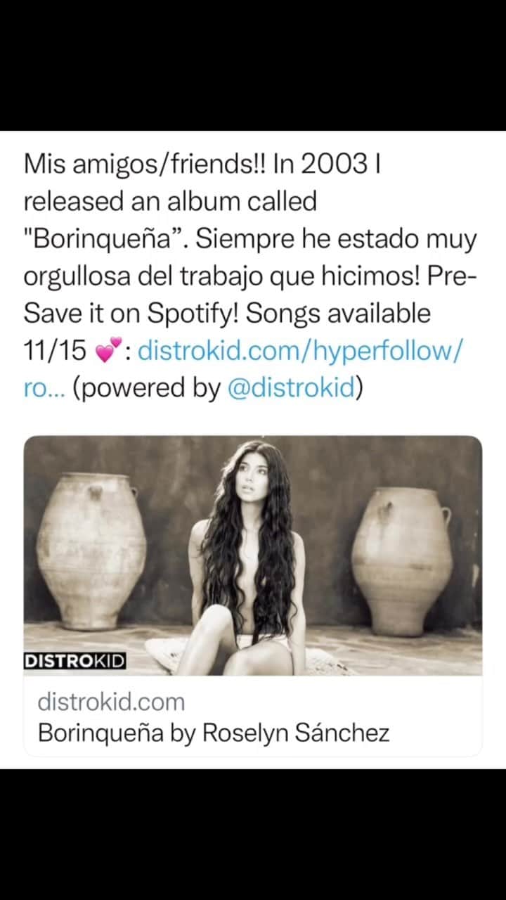 ロゼリン・サンチェスのインスタグラム：「What if I tell you that in 2003 I made an album!! “BORINQUEÑA” It holds a special place in my heart!! Quien recuerda “AMOR AMOR”!! “NOCHE DE VERANO”!!!   Well, I thought since I’m hosting the @latingrammys and the music video of the 1st single was nominated for one a long time ago, let’s release the songs on Spotify and many other outlets where you download your music!!! Siempre me preguntan: “Roselyn donde puedo conseguir Borinqueña??”  Contesto pues no sé… Ahora YA!  Es un álbum muy bonito con un equipo de trabajo excelente.  Si se animan pueden Pre-Save it ahora en el link que está en el post and Nov 15 disfrutan de las canciones 💕💕」