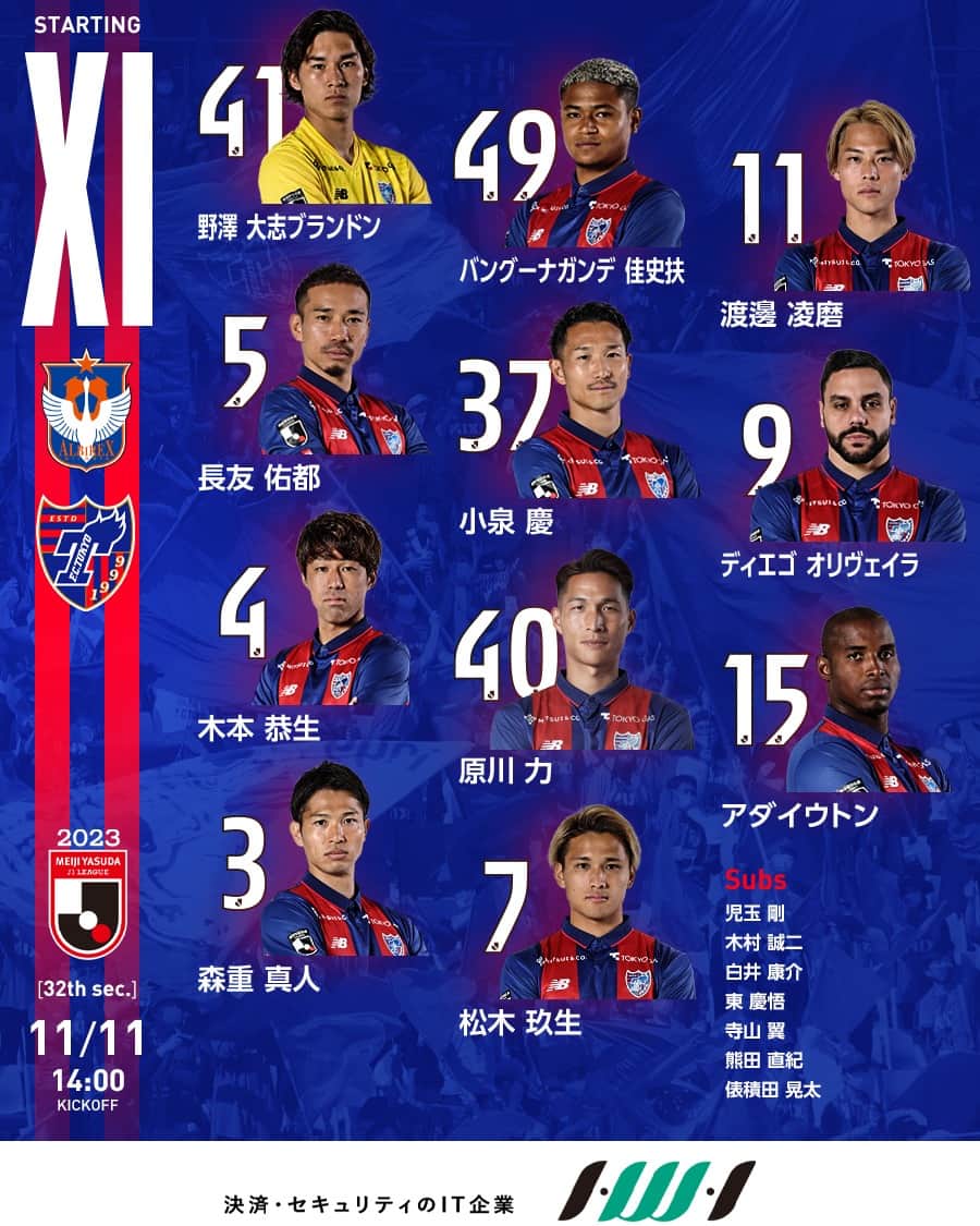 FC東京オフィシャルグッズのインスタグラム：「🔥🔵🔴 𝙎𝙏𝘼𝙍𝙏𝙄𝙉𝙂 𝙓𝙄 supported by インテリジェント ウェイブ  vs #アルビレックス新潟 スターティングメンバーが発表されました!!🔵🔴  @jp_dazn でもともに戦いましょう!!🔵🔴 @fctokyoofficial  #TokyoNiigata  #fc東京 #fctokyo #tokyo」