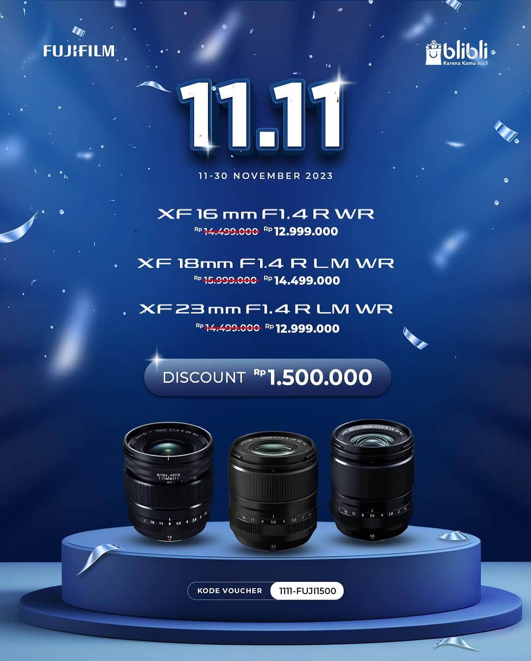 FUJIFILM INDONESIAさんのインスタグラム写真 - (FUJIFILM INDONESIAInstagram)「Saatnya beli lensa baru!  Manfaatkan kesempatan 11.11 untuk melengkapi kebutuhan lensa Fujifilm-mu. Ada beragam line-up lensa dengan diskon sampai dengan Rp3.000.000,00 yang bisa kamu pinang.  Periode promo ini berlaku 11-30 November 2023.   Kapan lagi bisa menikmati diskon lensa kalau ga di hari ini! Yuk check out segera!  #Fujifilm_id #Fujifilm_id」11月11日 13時28分 - fujifilm_id