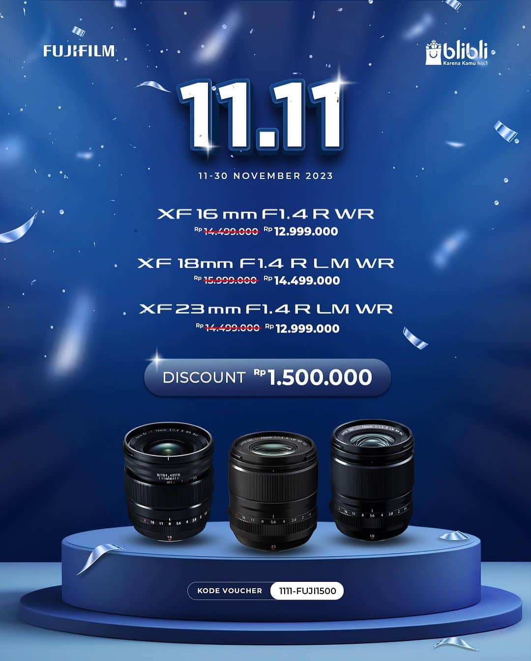 FUJIFILM INDONESIAのインスタグラム：「Saatnya beli lensa baru!  Manfaatkan kesempatan 11.11 untuk melengkapi kebutuhan lensa Fujifilm-mu. Ada beragam line-up lensa dengan diskon sampai dengan Rp3.000.000,00 yang bisa kamu pinang.  Periode promo ini berlaku 11-30 November 2023.   Kapan lagi bisa menikmati diskon lensa kalau ga di hari ini! Yuk check out segera!  #Fujifilm_id #Fujifilm_id」