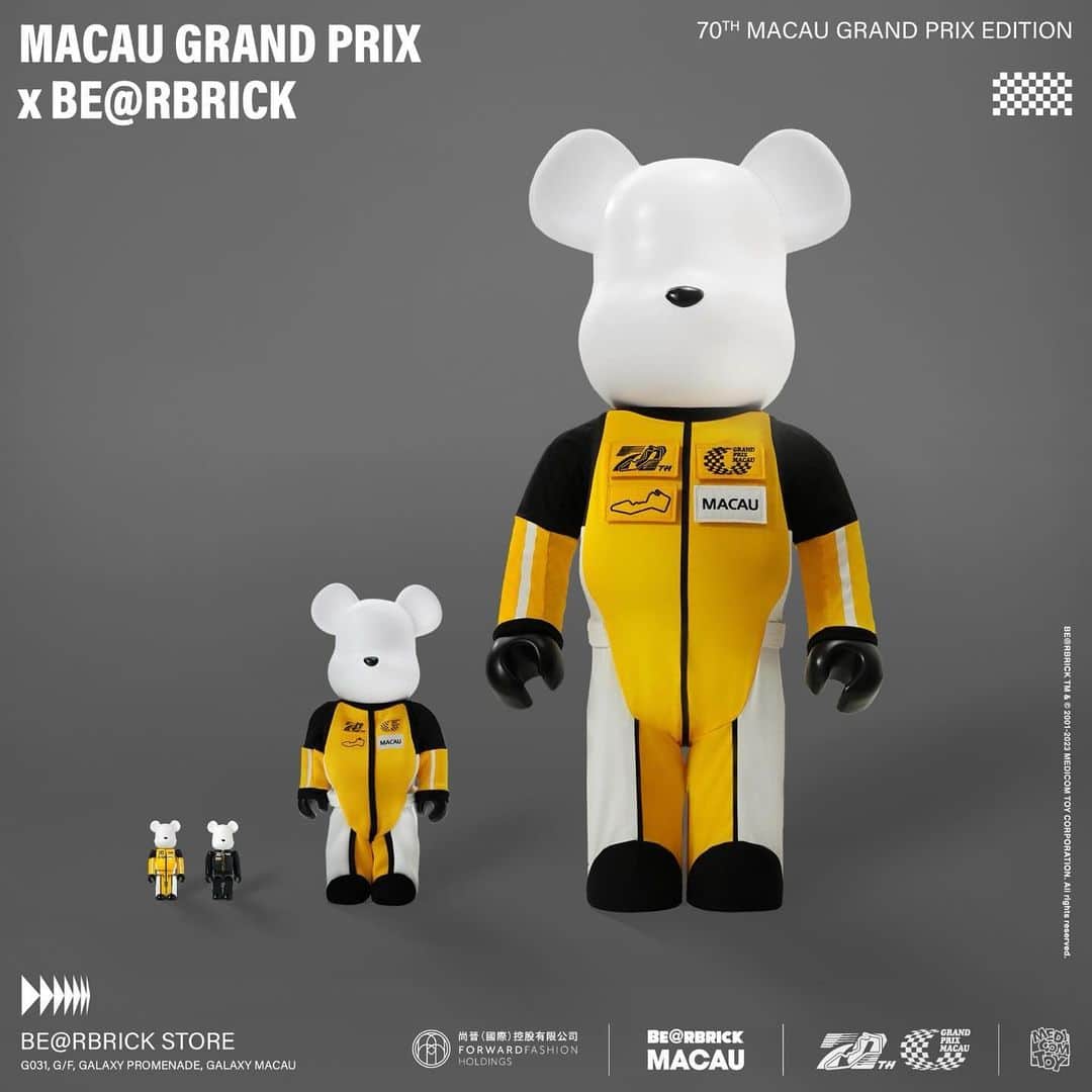 MEDICOM TOYのインスタグラム：「#Repost @bearbrickmacau with @use.repost ・・・ 【Macau Grand Prix x BE@RBRICK 11.11 正式發售🏁】 【Macau Grand Prix x BE@RBRICK Official Release on 11.11🐻】  作為第70屆澳門格蘭披治大賽車 🏎，BE@RBRICK MACAU首次推出配附服飾的限定款！穿著型格賽車服的1000% BE@RBRICK帶有4枚可替換特色徽章，包括第70屆澳門格蘭披治大賽車標誌、澳門等字樣；內裡熊身印有別注賽車服設計，讓藏家們可隨心為🐻變身。  在400% & 100%套裝當中，本次亮點之一✨ ── 100%首次推出2款獨立設計；而400%亦同樣穿著型格賽車服及帶有熊身設計。  Introducing the exclusive collaboration of the 70th Macau Grand Prix with BE@RBRICK MACAU - For the first time, the limited edition 1000% figure comes adorned in a stylish racing suit, complete with four interchangeable distinctive badges. These badges include the emblem of the 70th Macau Grand Prix and the word "Macau“. The body showcases yet another racing suit design, allowing collectors to personalize their decorations. 🔥  Among the 400% & 100% figures, a highlight of this collection is the introduction of 2 independently designed 100% figures - which marks BE@RBRICK MACAU's first time. The 400% figure also features the chic racing suit and body design.🏁  🟨第70屆澳門格蘭披治大賽車合作款⬛ 70th Macau Grand Prix Edition 🛒https://shop.forward-fashion.com/ 11.11 上午10時 線上發售🔗 Online order opens on 11.11 at 10:00 am (GMT +8)  @medicom_toy @izumibon @grandprixmacau   #BEARBRICK #BEARBRICKMACAU #MacauGrandPrix #70MacauGP #LimitedEdition #第70屆澳門格蘭披治大賽車 #澳門格蘭披治大賽車」