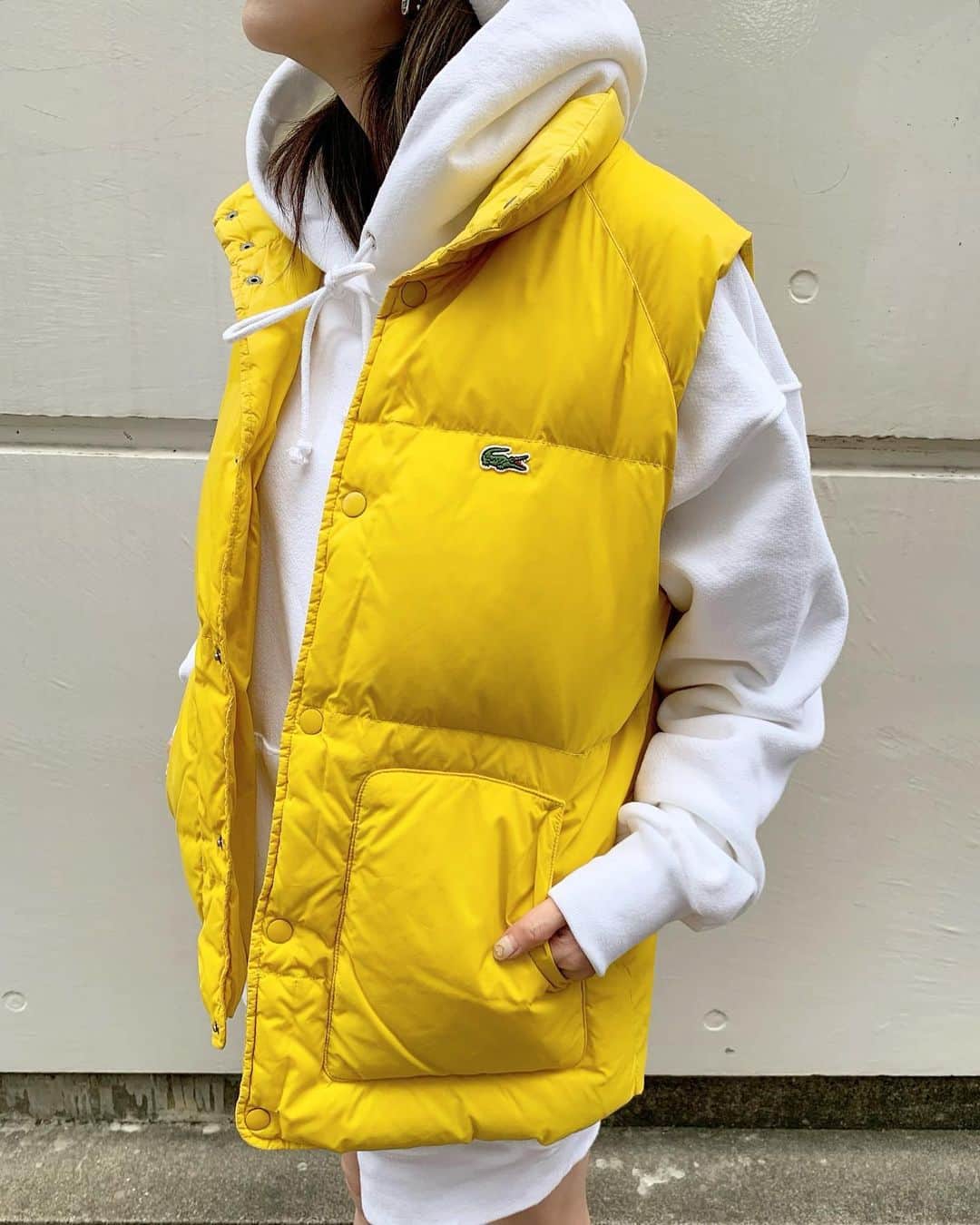 birthdeathのインスタグラム：「New Arrivals  90's LACOSTE yellow down vest  STATELINE - Work Fit Hoodie - White  #birthdeath #vintage」