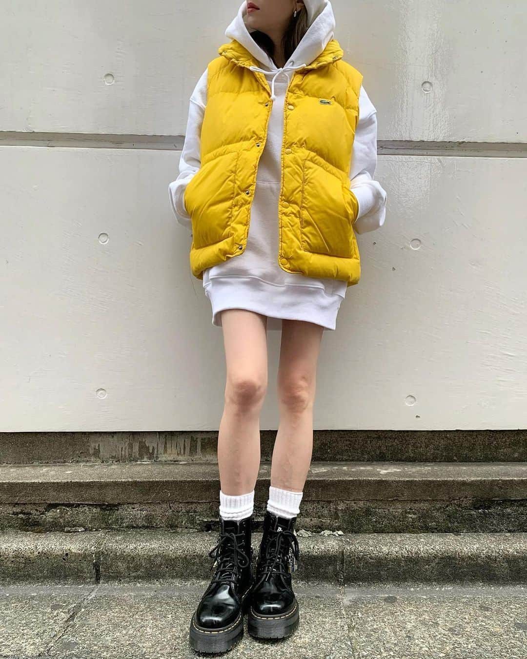 birthdeathのインスタグラム：「New Arrivals  90's LACOSTE yellow down vest  STATELINE - Work Fit Hoodie - White  #birthdeath #vintage」