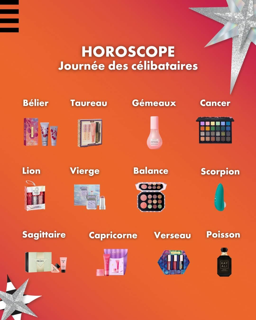 セフォラのインスタグラム：「IT'S SINGLES' DAY : la journée des célibataires ❤️‍🔥 Aujourd'hui c'est ton signe qui t'indiquera quel sera ton prochain cadeau pour prendre soin de toi 👀 Dites-nous en commentaire : ⁣ ⁣ ♈️ : @fentyskin - Cherry dub duo⁣ ♉️ : @tartecosmetics - Festive & Flawless set⁣ ♊️ : @glowrecipe - Sérum Watermelon Glow⁣ ♋️ : @sephoracollection x Marion Caméléon⁣ ♌️ : @sephoracollection - Kit de 3 repulpeurs ⁣ ♍️ : @r.e.m.beauty - Kit Naughty & Iced⁣ ♎️ : @patmcgrathreal - Mthrshp Bijoux Brillance ⁣ ♏️ : @womanizerglobal - Vibromasseur Clitoridien⁣ ♐️ : @pradabeauty - Coffret Parfum Paradoxe ⁣ ♑️ : @laneige_europe - Kiss Me Day & Night⁣ ♒️ : @fentybeauty - Glossy Posse Volume 6.0⁣ ♓️ : @kayali - Oudgasm Vanilla Oud | 36⁣ ⁣ #SephoraFrance #SinglesDay」
