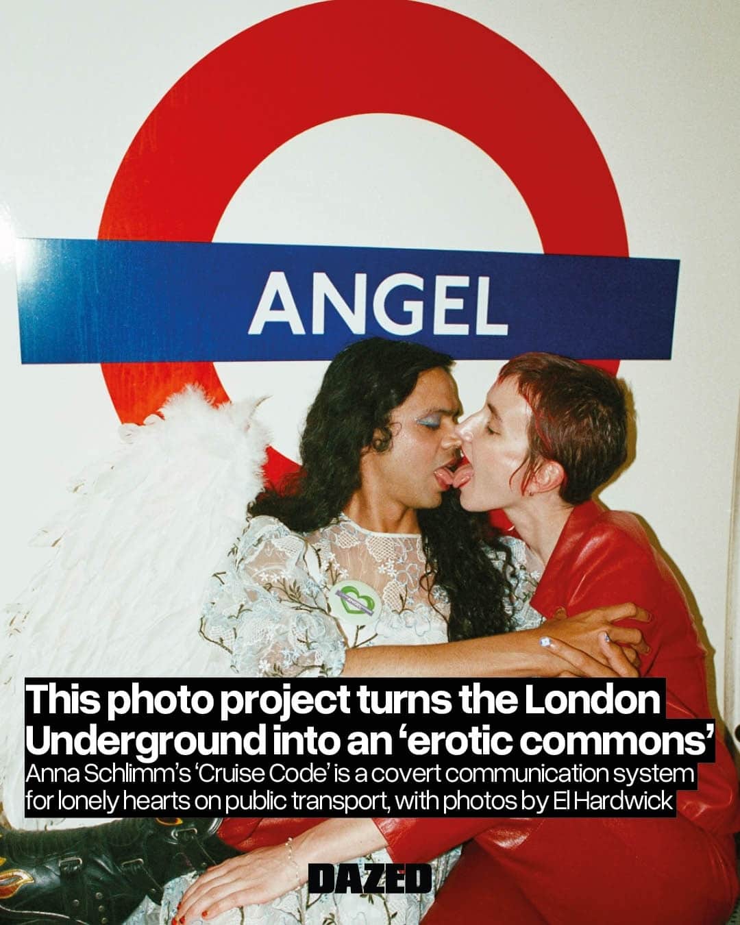 のインスタグラム：「A cramped, sweaty carriage on the Central Line might not be the first place you’d go looking for love, but throughout history public transport and its adjacent spaces have served as a hotspot for sexual (and particularly LGBTQ+) liberation.⁠ ⁠ This history is at the centre of Love Underground, a new project from photographer @el_hardwick and artist @vankitti which infiltrates TfL with a hidden language of desire.⁠ ⁠ Taking inspiration from public transport’s legacy as a popular cruising spot, as well as queer communication tactics like the Hanky Code and Polari, Schlimm spearheaded a new covert visual language – dubbed the “Cruise Code” – in 2022, as part of a broader DIY residency they named Alt Art on the Underground.⁠ ⁠ Described as a “covert communication system for lonely hearts who are tired of missed connections”, the Cruise Code uses tube station names to symbolise romantic or sexual desires.⁠ ⁠ Originally born out of Schlimm’s interest in anarchist modes of cultural production and context-specific art, the Cruise Code has now been interpreted by Hardwick in a series of portraits of LGBTQ+ people, demonstrating the covert system in action on the London Underground.⁠ ⁠ The photos themselves are now being exhibited at @theoldwaitingroomgallery in Peckham Rye.⁠ ⁠ Take a closer look through the link in our bio 🔗⁠ ⁠ 📷 @el_hardwick @vankitti⁠ ✍️ @t.s.waite」