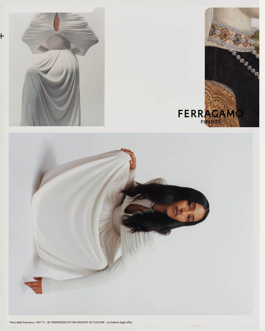 サルヴァトーレ・フェラガモのインスタグラム：「Moments of Mona, drapes, Piero della Francesca details, behind the scene.  Lensed by @heikkikaski Concept and Creative Direction @ferdinandoverderi」