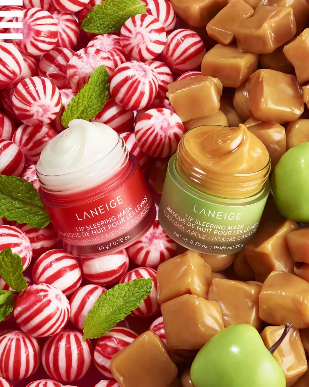セフォラのインスタグラム：「Offrez à vos lèvres un soin de nuit avec les Lip Sleeping Masks en édition limitée de @Laneige_europe aux délicieuses saveurs de menthe poivrée et de pomme caramel ! 🍏🌿 ⁣ Quel goût allez-vous choisir ? 💋⁣ ⁣ Jusqu'à ce soir (11.11), profitez de l'offre Singles' Day avec -20% sur l'ensemble de la marque @Laneige_europe sur sephora.fr et l’app Sephora. ⁣ Uniquement chez Sephora.⁣ #SephoraFrance #Skincare #laneigeoriginal」