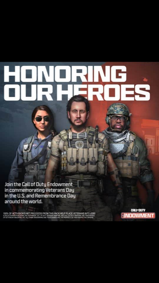 Call of Dutyのインスタグラム：「Join the Endowment in commemorating Veterans Day in the U.S. and Remembrance Day around the world.  100% of net profits go directly to helping the real-life heroes who inspire our work each and every day. 🤝 #HonoringHeroes #VeteransDay #RememberanceDay」