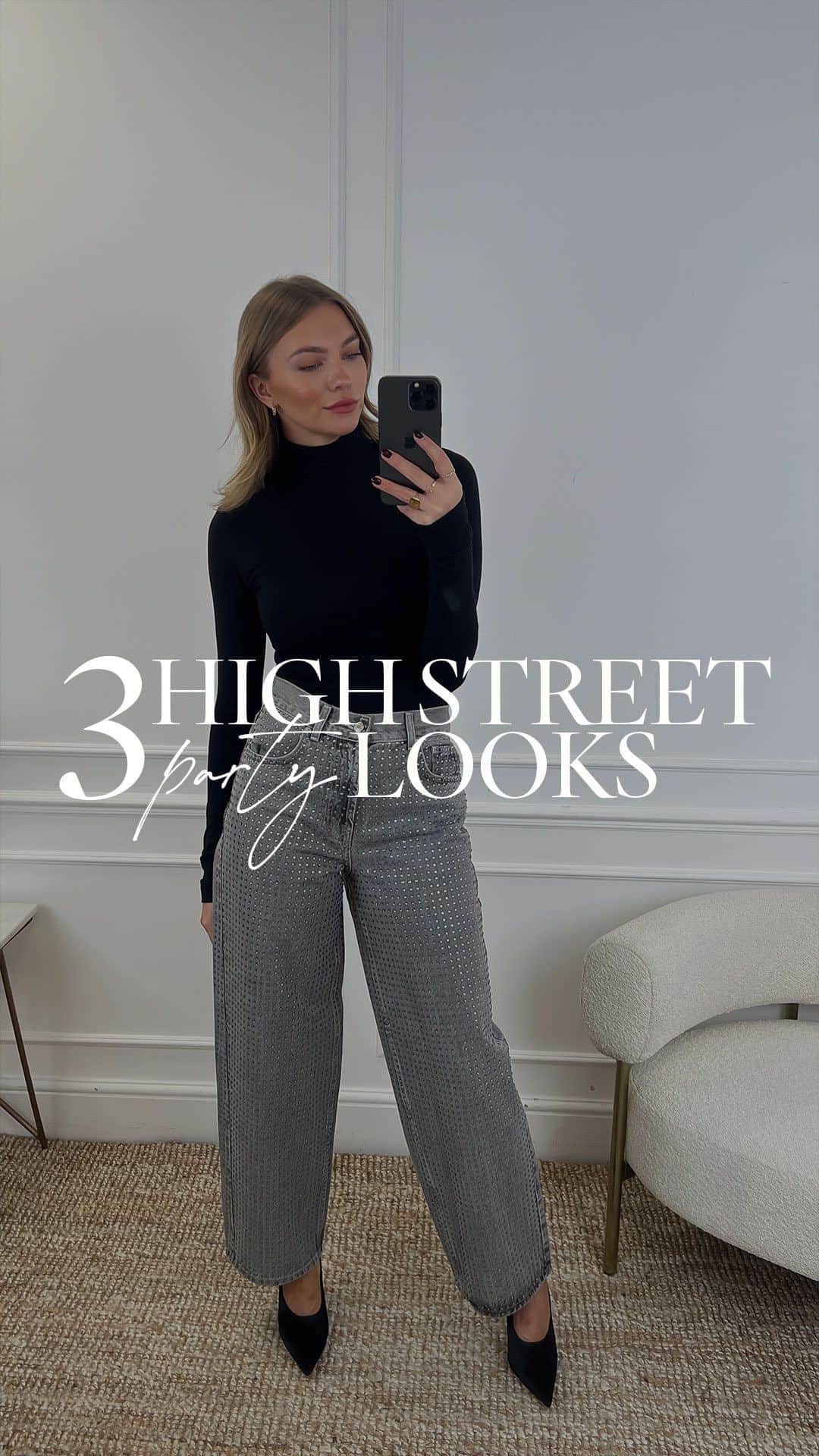 トップショップのインスタグラム：「@topshop’s elevated edit of statement separates & metallics make it a one-stop shop for festive fun this year. Here @mialuckie shares her favourite looks from the collection. Head to our story highlights to shop the looks… AD   Look 1 Clean Long Sleeve Funnel In Black Gilmore Embellished Low Slung Boyfriend Jeans In Grey Violet High Vamp Heeled Court In Black Satin  Look 2 Co-ord Extreme Grandad Blazer In Black Low Slung Sequin Wide Leg Trouser In Black Ivy Barely There Mid Heel Sandal In White  Look 3 Faux Leather Tab Waist Straight Leg Metallic Trouser In Silver Slim Long Sleeve Top In Black Faith Strappy Two Part Heeled Sandal In Red」