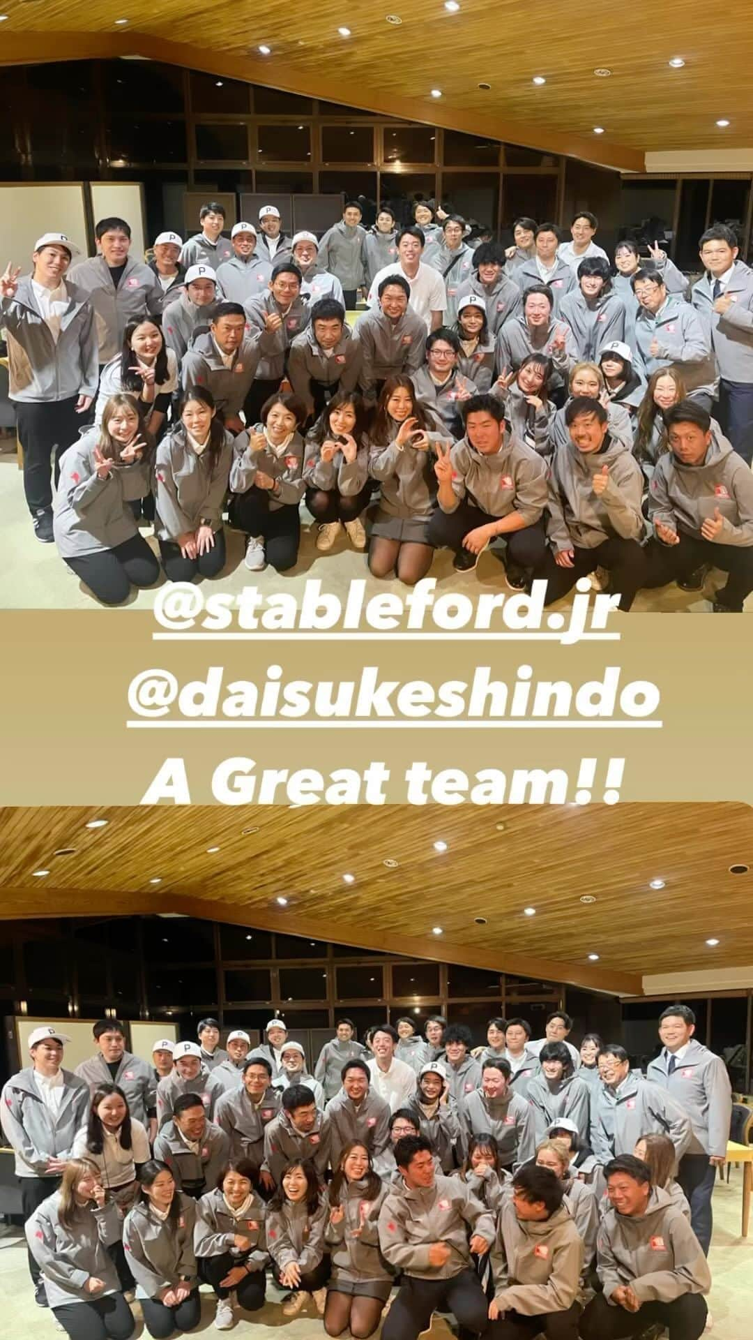 SHINDODAISUKEのインスタグラム：「⛳️お仕事日記🎤  【進藤大典ジュニアトーナメント　supported by アイダ設計】  今年もスタートアナ＆表彰式司会をさせて頂きました🎤  3回目になる今年は栃木県のセブンハンドレッドさんで開催されました✨ この大会はステーブルフォード方式で【攻める！】気持ちを養ってほしいという、世界で戦ってきた進藤さんの思いから作られました。  前日は会場セッティングして、前乗り組40名ほどでBBQ🍖決起集会🍻 熊本のあか牛様より @akaushiseiniku29 すんごい量のお肉のご提供頂きました🙏本戦もジュニアに焼肉丼をご提供頂きまして、お祭りみたいに大行列できてました🍖  今年はさらにさらにたくさんのご協賛社様、約50名のボランティアの皆様に支えられて無事開催できました🙏  高校の部優勝者は進藤自らキャディバを担ぐ！というビックサプライズ😳つき‼️ これはすてきよねー✨✨ この大会から世界へ羽ばたくプロゴルファーが誕生するのはもうすぐそこな気がしてます🌍  集合写真を見てると毎年チーム力ががっちり一致団結してるのが分かるー🥹  打ち上げも楽しみだー🚀  @daisukeshindo  @stableford.jr   🎤@tomo_marin」