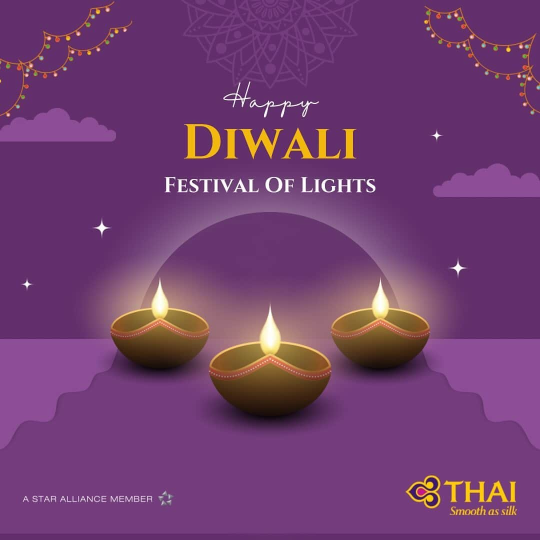 タイ航空のインスタグラム：「Wishing you a radiant and joyous Diwali! May the festival of lights illuminate your life with happiness and prosperity. ✨✈️ Thai Airways extends heartfelt Diwali greetings to all our passengers and their families. May this celebration fill your hearts with warmth and your homes with the spirit of love.   #thaiairways #smoothassilk #HappyDiwali #FestivalOfLights #ThaiAirwaysCelebrates 🪔🎉」