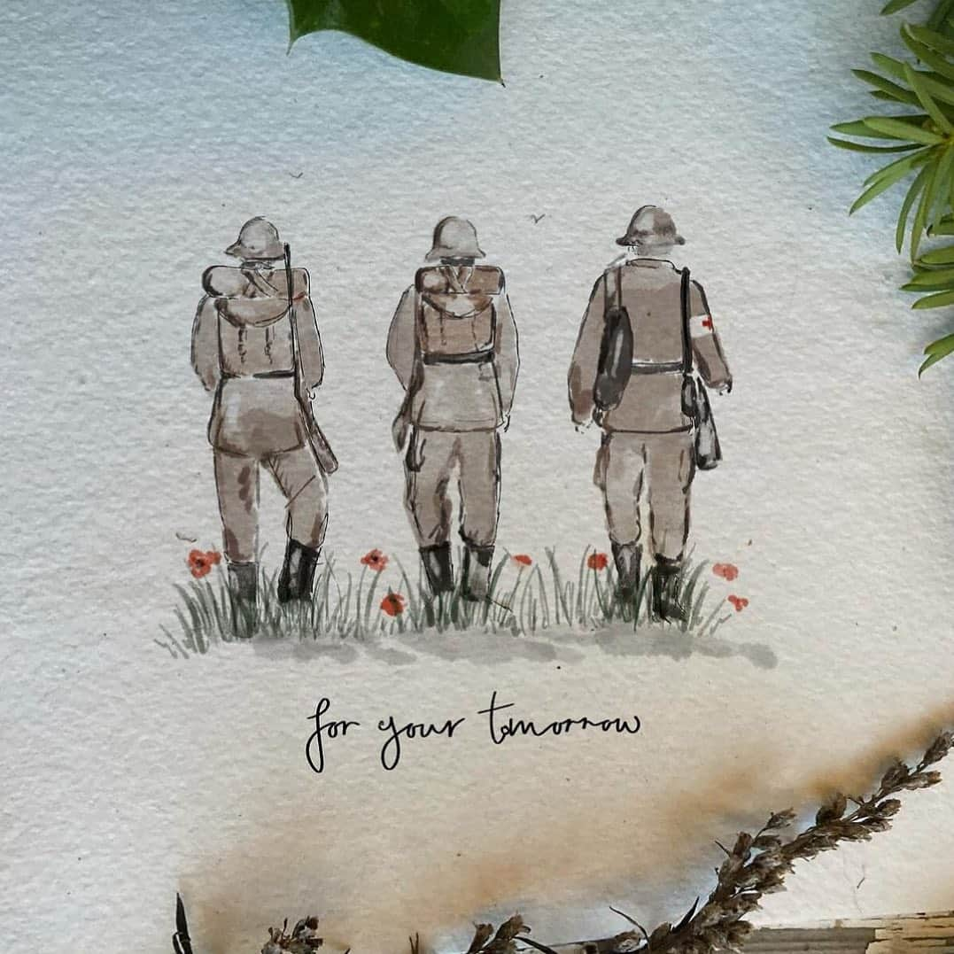 ヴィッキー・パティソンのインスタグラム：「When you go home, tell them of us and say, for their tomorrow we gave our today.. ♥️  Today we remember everyone who gave their lives for our country.. We honour them and what they did for us.  Illustration by my @lucyclaireillustration 🥹」