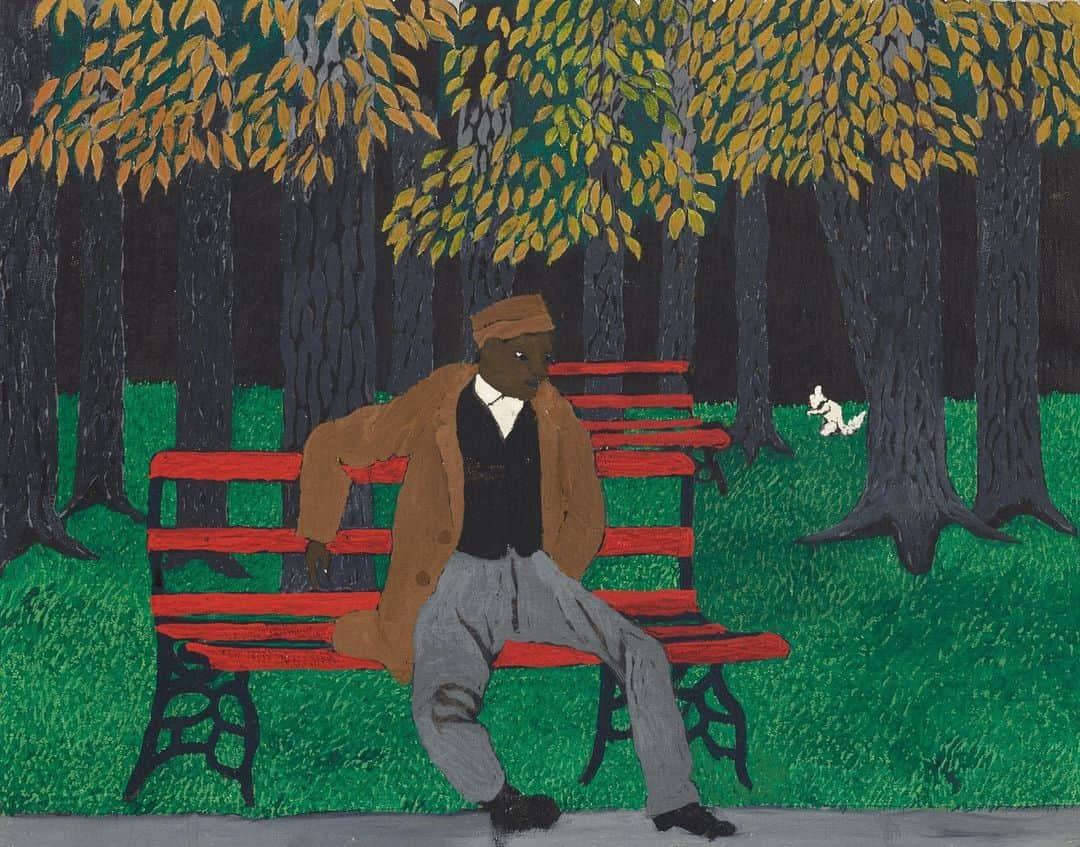 フィラデルフィア美術館のインスタグラム：「In honor of #VeteransDay we’re highlighting artist, veteran, and West Chester native Horace Pippin. Injured during World War I, Pippin turned to painting to help mend his body and spirit. Pippin served in the 369th Infantry Regiment, a division of African American soldiers. Stationed on the front line, his battalion was one of four African American regiments to see combat.   Veterans Day is Free Admission for all Active-duty and retired military personnel and their families at the Philadelphia Museum of Art and the Rodin Museum.  "The Park Bench," 1946, by Horace Pippin」