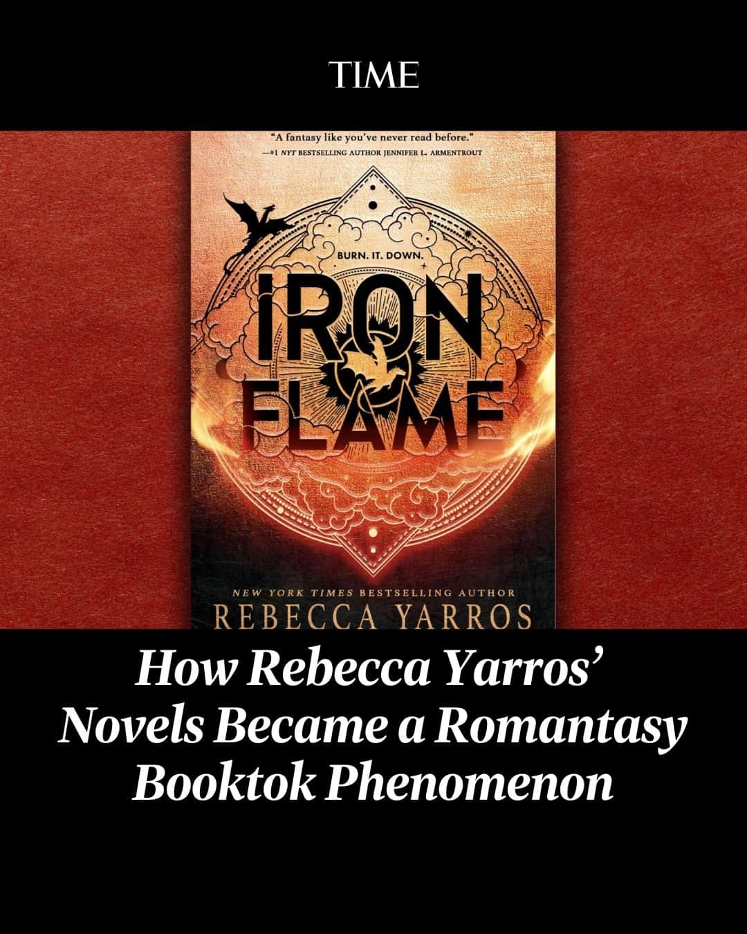 TIME Magazineのインスタグラム：「It’s been quite some time since the world has seen a pop culture phenomenon like Twilight or Harry Potter, but Rebecca Yarros’ latest novels are one of the many fantasy series attempting to give those modern classics a run for their money.    FourthWing, and its sequel,  IronFlame, are among the many helping to popularize the romance-fantasy genre, also called “Romantasy.”   I n less than one day, Iron Flame received over 2,000 ratings on GoodReads, currently sitting with a 4.41 rating on the site. More than 391,000 people have marked it as a book they want to read. The hashtags #FourthWing, #RebeccaYarros, and other related terms have tallied over one billion views, and #IronFlame currently has over 83 million views.   At the link in bio, learn about romantasy—and how Yarros' books dominated the genre.  Photograph by Getty Images」