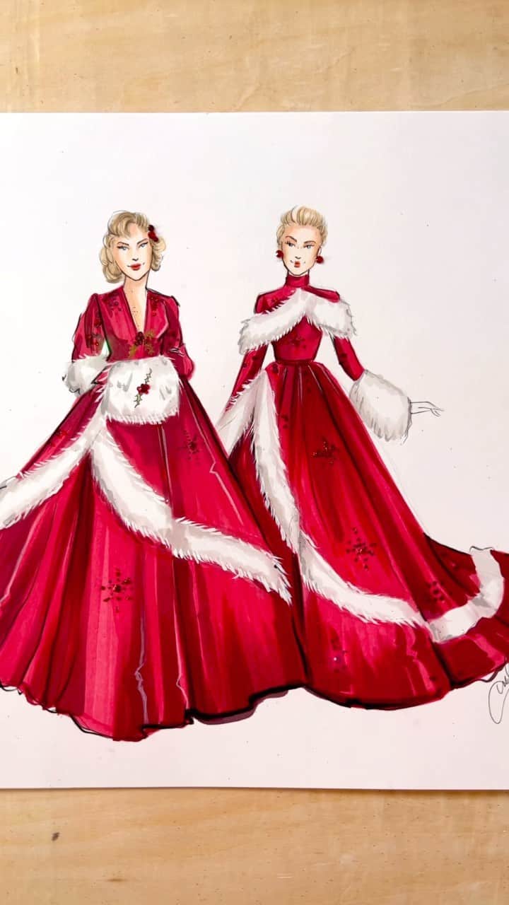 Holly Nicholsのインスタグラム：「White Christmas 🥰 Prints are up on Etsy 🎄#whitechristmas #vintagefashion #fashionillustration #asmr #copic #illustration #veraellen #rosemaryclooney #copic #christmas」