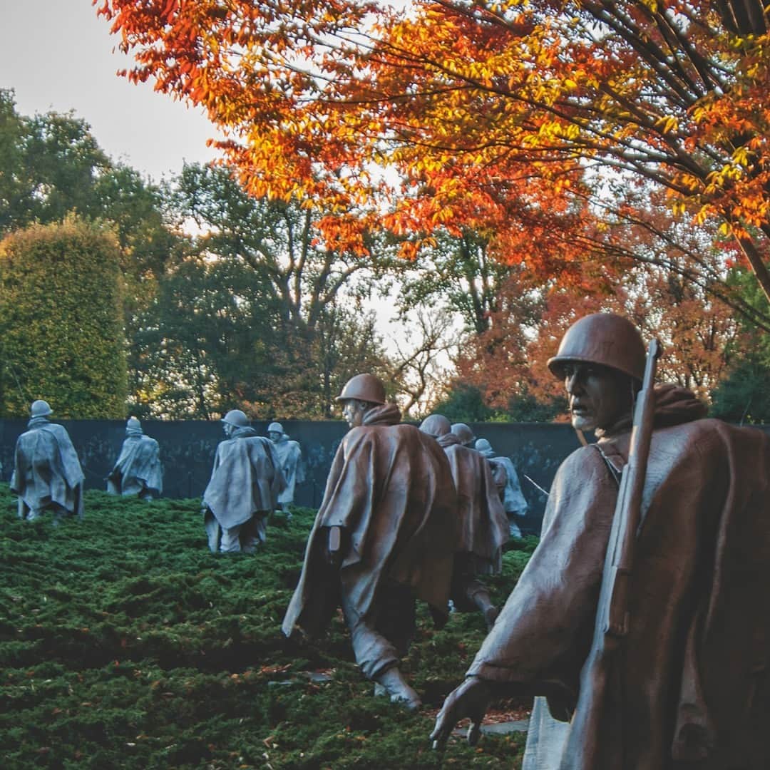 アメリカ内務省のインスタグラム：「On Veterans Day, we honor the brave individuals who answered a higher call of service to the nation. Thank you for your service, commitment and sacrifices.   Memorials across the country honor America’s veterans and ensure that we never forget their dedication and sacrifice.   Photo of the Korean War Veterans Memorial in Washington, D.C., courtesy of Nathan Jones   Alt Text: Statues of soldiers at the Korean War Veterans Memorial with trees that are turning orange in the background.」