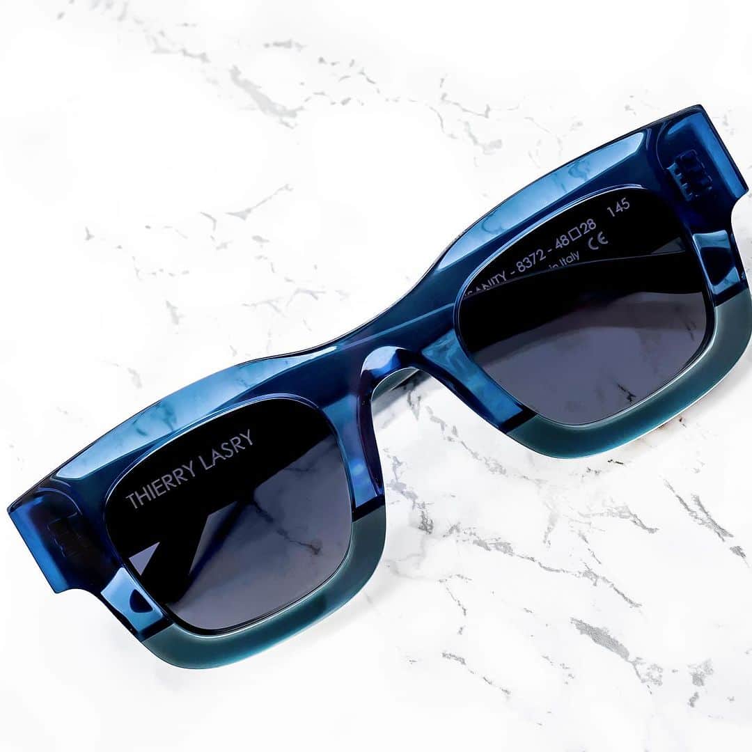 ティエリー ラスリーのインスタグラム：「the THIERRY LASRY “INSANITY” sunglasses in translucent & solid blue acetate w/ navy lenses #thierrylasry #handmadeinitaly」