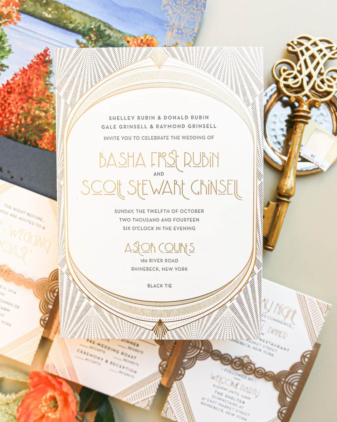 Ceci Johnsonのインスタグラム：「WEDDING | Reflecting on a timeless yet still exquisite design, our archive couture invitation crafted for Basha and Scott’s fall wedding in 2014 continues to captivate.  Our concept for this invitation was to capture the breathtaking view of the Hudson River during the fall season, which they’ll experience from their wedding venue at Astor Courts. We incorporated this scene as the envelope line in hand-painted watercolor, with gold foil accents resembling autumn leaves.  We designed a custom pattern and laser-cut it onto the invitation inspired by the architectural details of Astor Courts. The invitation features blue letterpress with gold foil on 2-ply paper.  #CeciCouture  #cecinewyork #coutureinvitations #weddingdesign #hudsonriverviews #fallwedding #invitationinspiration #lasercutdesign #luxurywedding #fallleaves」