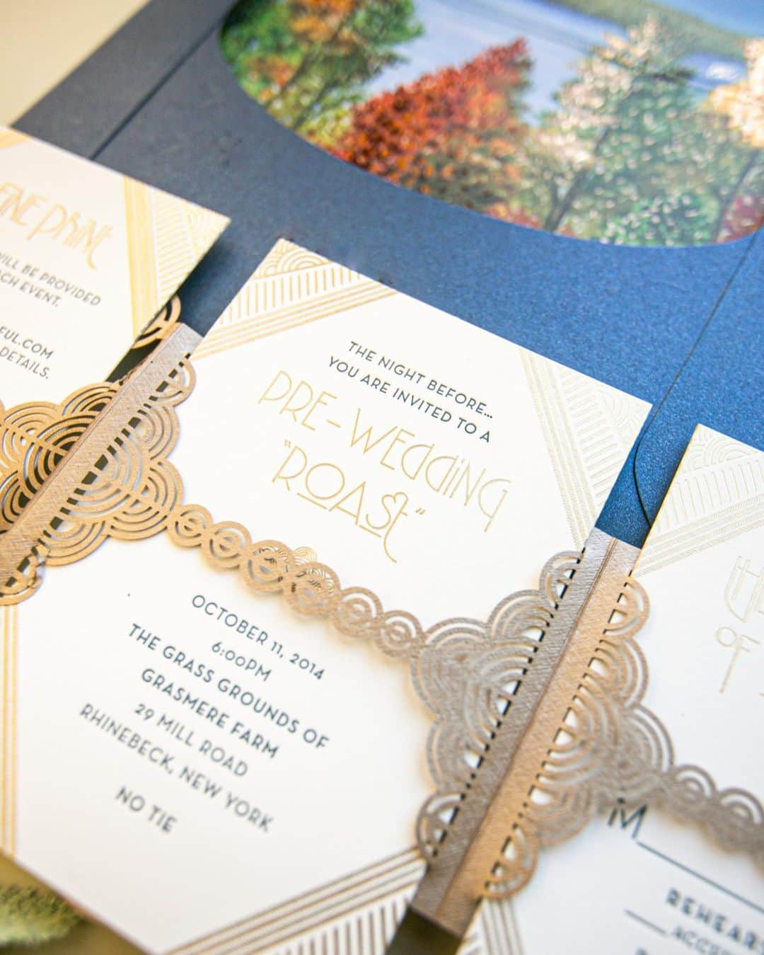 Ceci Johnsonさんのインスタグラム写真 - (Ceci JohnsonInstagram)「WEDDING | Reflecting on a timeless yet still exquisite design, our archive couture invitation crafted for Basha and Scott’s fall wedding in 2014 continues to captivate.  Our concept for this invitation was to capture the breathtaking view of the Hudson River during the fall season, which they’ll experience from their wedding venue at Astor Courts. We incorporated this scene as the envelope line in hand-painted watercolor, with gold foil accents resembling autumn leaves.  We designed a custom pattern and laser-cut it onto the invitation inspired by the architectural details of Astor Courts. The invitation features blue letterpress with gold foil on 2-ply paper.  #CeciCouture  #cecinewyork #coutureinvitations #weddingdesign #hudsonriverviews #fallwedding #invitationinspiration #lasercutdesign #luxurywedding #fallleaves」11月12日 0時15分 - cecinewyork